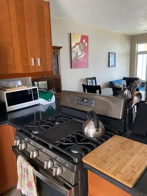 a kitchen with a stove top oven in a kitchen at Top of the Hill Blue Sunshine in Long Swamp