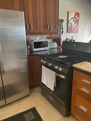 a kitchen with a stove and a stainless steel refrigerator at Top of the Hill Blue Sunshine in Long Swamp