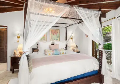 a bedroom with a bed with a canopy at On The Rocks Villa in Spanish Town