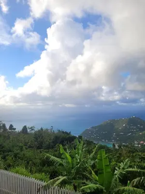 a view of the ocean from behind a white fence at Sage Mountain Skyway, Comfortable One Bedroom in Sage Mountain, Tortola in Great Carrot Bay