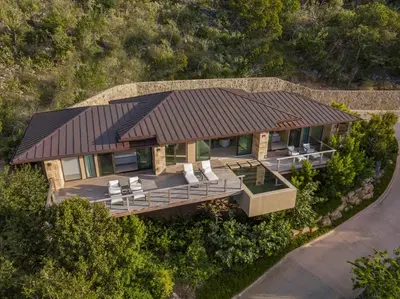 an overhead view of a house with a roof at Oil Nut Bay in Virgin Gorda