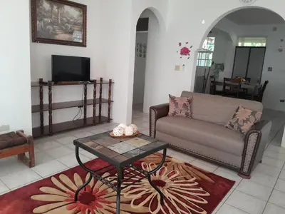 a living room with a couch and a table at Abigail Diamond 2 bedroom apt Near Nanny Cay marina in Hannah