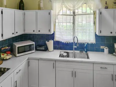 a kitchen with white cabinets and a microwave and a sink at Sailor's Gem in Tortola Island