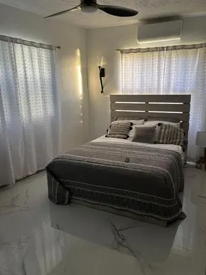 a bedroom with a large bed in a white room at Cane Garden Bay 2 bed Apt in Leonards