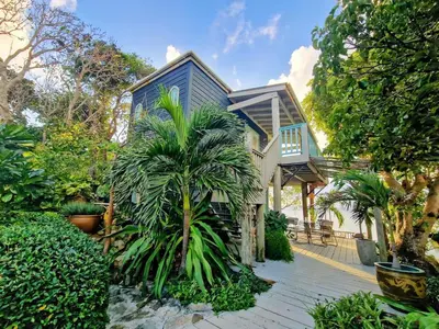 a house with a palm tree in front of it at Lowena Cottage in Tortola Island