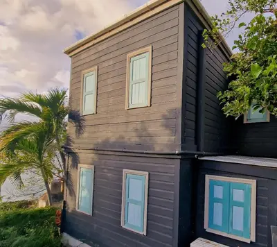 a house with blue windows and a palm tree at Lowena Cottage in Tortola Island