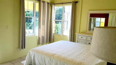 a bedroom with a white bed and windows at SUNFLOWER LANE QUEEN Balcony Room APARTMENT in Tortola Island
