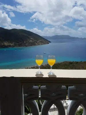 two glasses of orange juice sitting on a table overlooking the ocean at Ocean View Villas in Jost Van Dyke