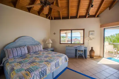 a bedroom with a bed and a desk and a window at LOBLOLLY in Virgin Gorda